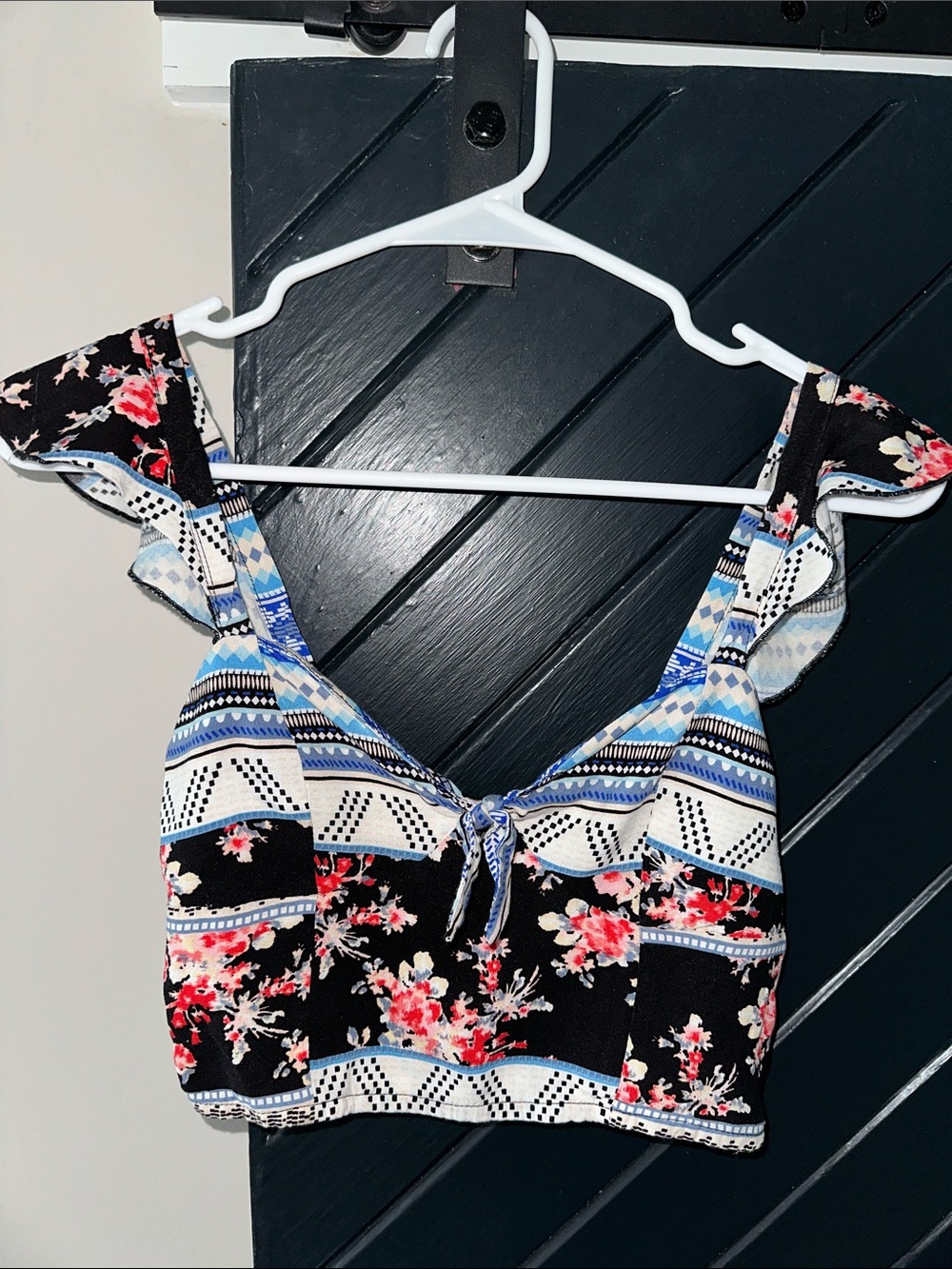 Fire Los Angeles Black Floral & Blue Patchwork Crop Top